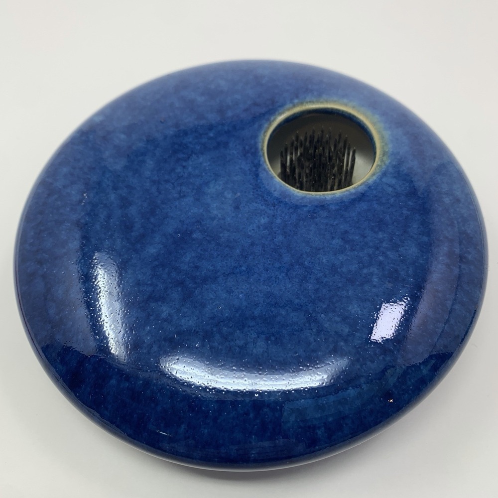 Georgetown Pottery Ikebana Round Dark Blue Cobalt Metal Frog Flower Vase
